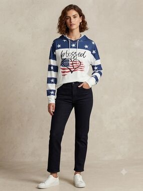 Blessed Flag Graphic Hoodie Sweater – Blue & White